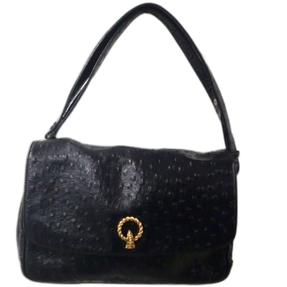Elegant Black Faux Ostrich Leather Shoulder Bag – Gold Rope Clasp 11"x7.5"x3.25"